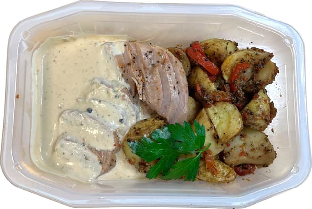 Fläskfilé Med Grönpepparsås Och Klyftpotatis