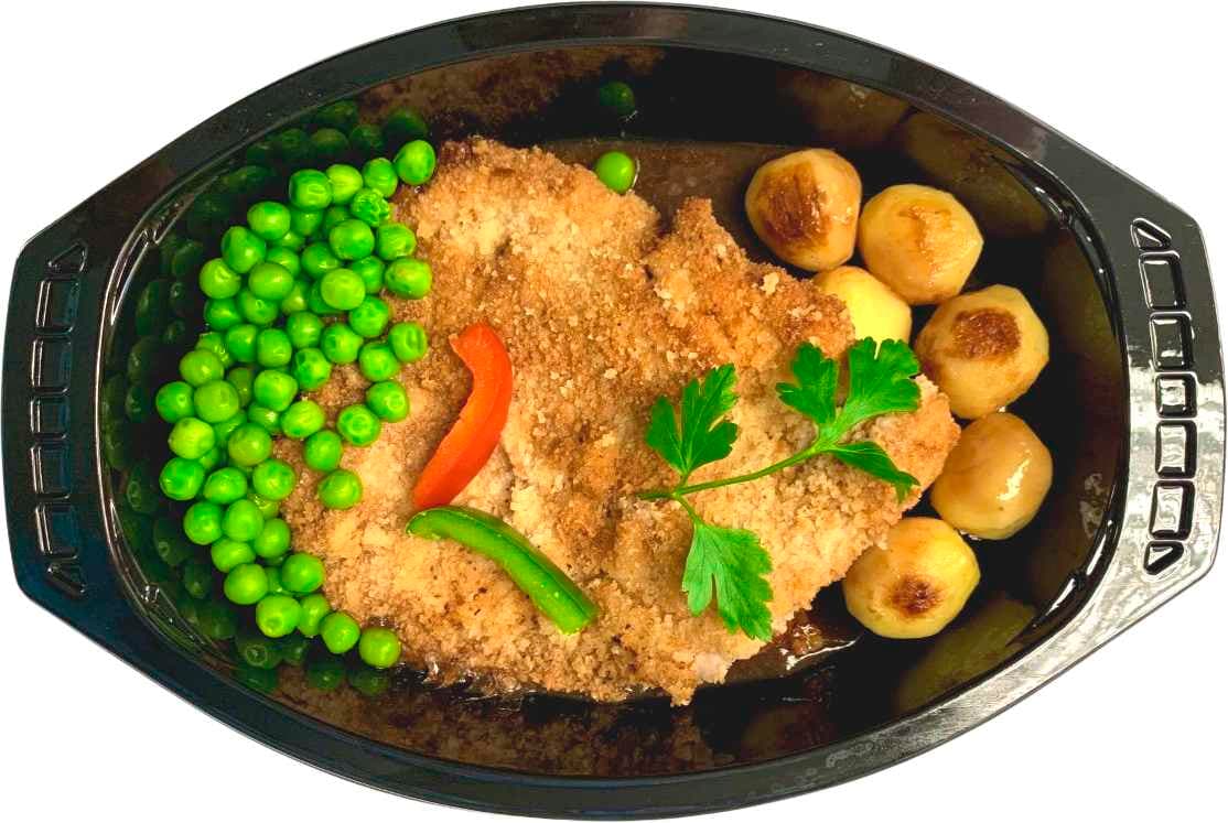 Panerad Fläskschnitzel Med Stekt Potatis Ärtor & Rödvinssås