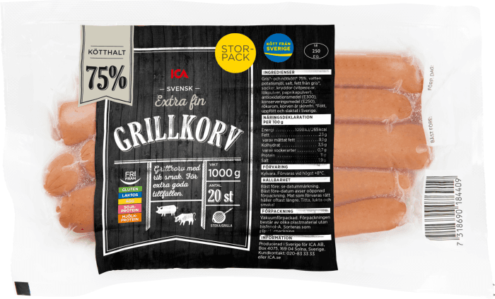 Grillkorv Extra fin 75% Kötthalt