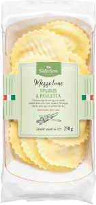 Pasta Mezze Lune Sparris och Pancetta Färsk