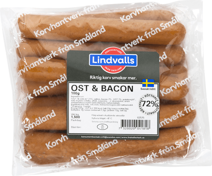 Korv Ost & Bacon Skinnfri 15x100g