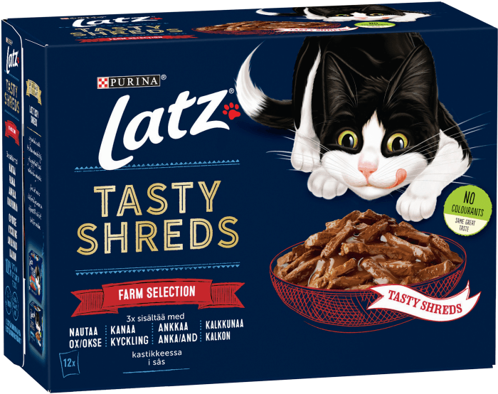 Kattmat Tasty Shreds Oxkött/Kyckling/Anka/Kalkon 12x80g