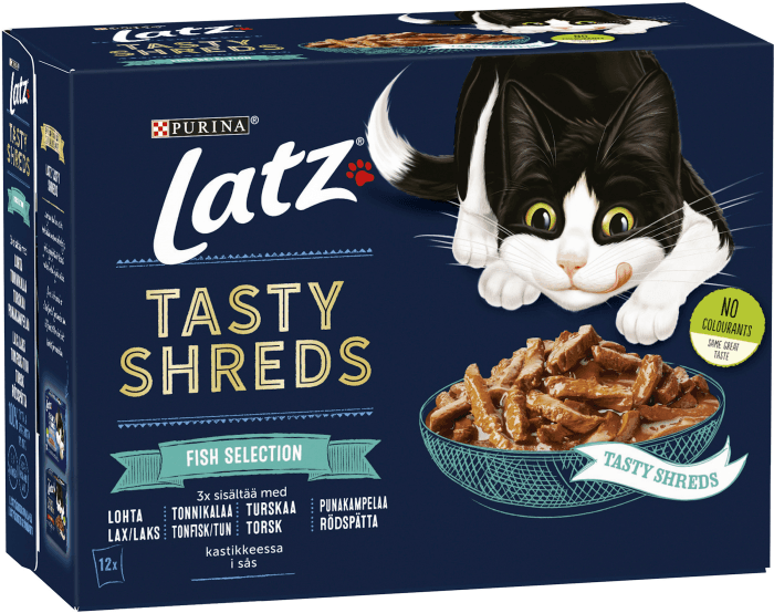Kattmat Tasty Shreds Lax/Tonfisk/Torsk/Rödspätta 12x80g