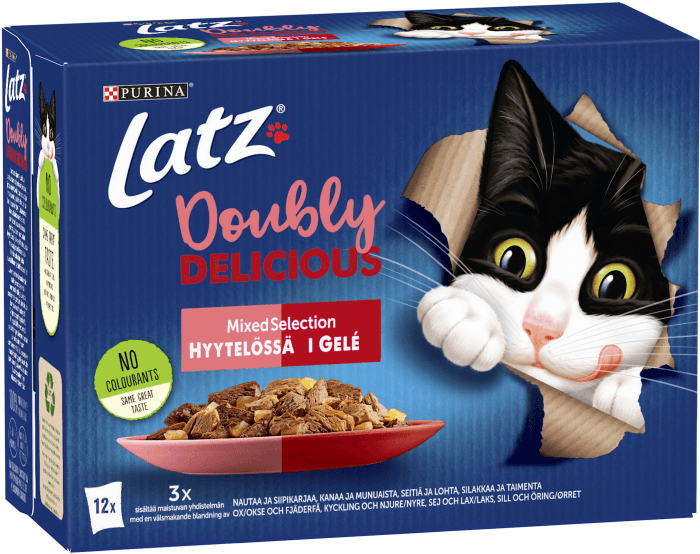 Kattmat Oxe & fjäderfä/Kyckling & Njure/Sej & Lax/Sill & Öring i Gelé 12x85g